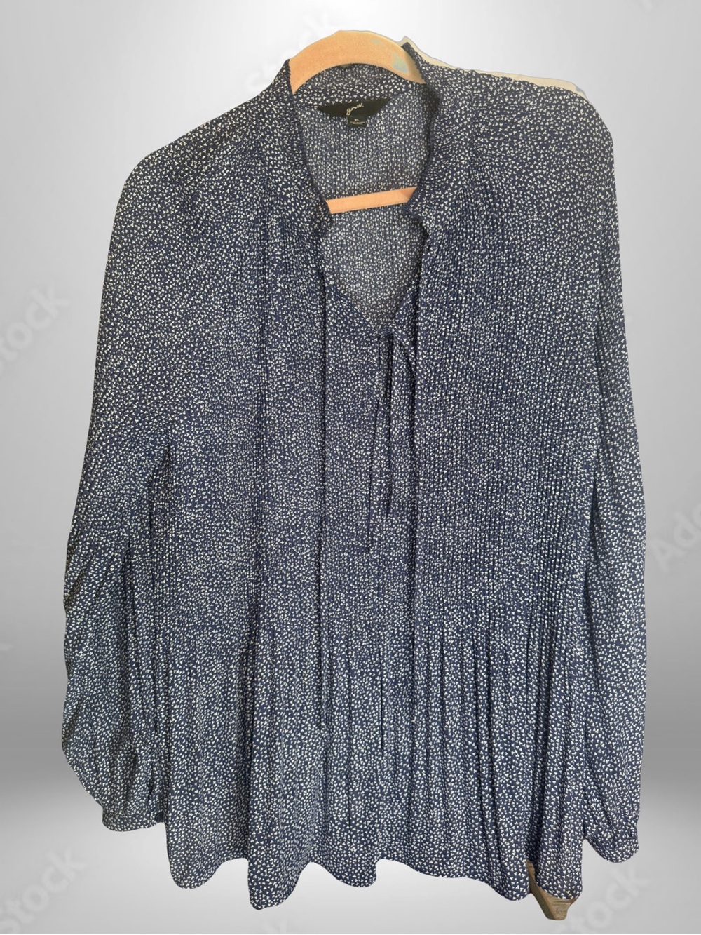 GNW Navy Blue Micro-Print Tie-Neck Blouse